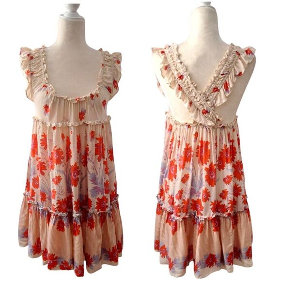 Free People Intimately Women's Mini Dress Bali Wild Daisy Slip Floral Orange S - Picture 3 of 9